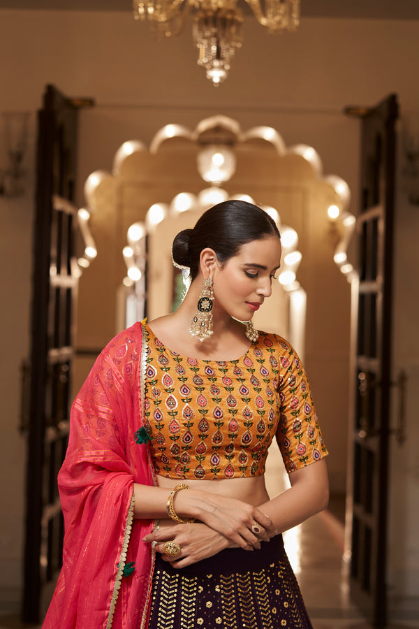 Purple Art Silk Lehenga with Sequence Embroidery & Weaving Dupatta