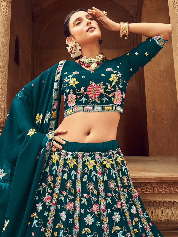 Elegant Teal Georgette Lehenga with Thread & Sequence Embroidery