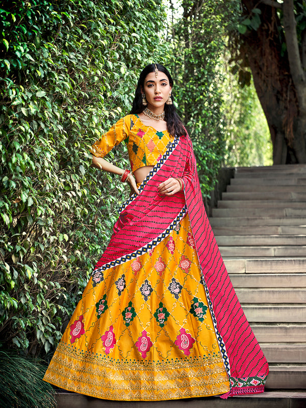 Elegant Yellow Silk Semi-Stitched Lehenga with Embroidered & Printed Work