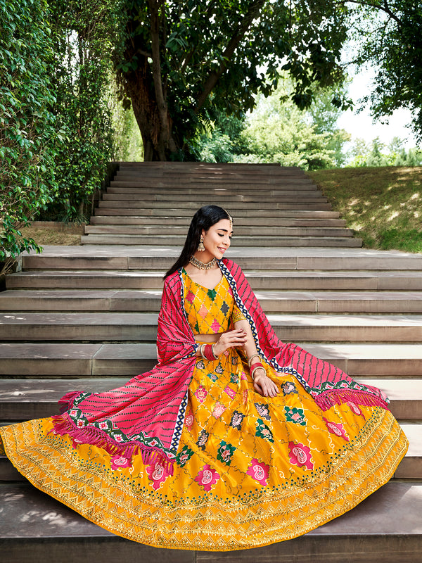 Elegant Yellow Silk Semi-Stitched Lehenga with Embroidered & Printed Work