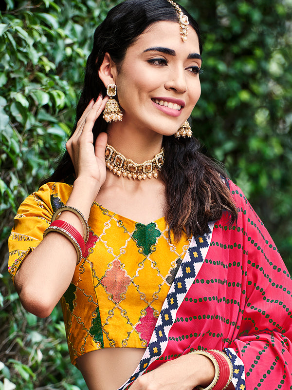 Elegant Yellow Silk Semi-Stitched Lehenga with Embroidered & Printed Work