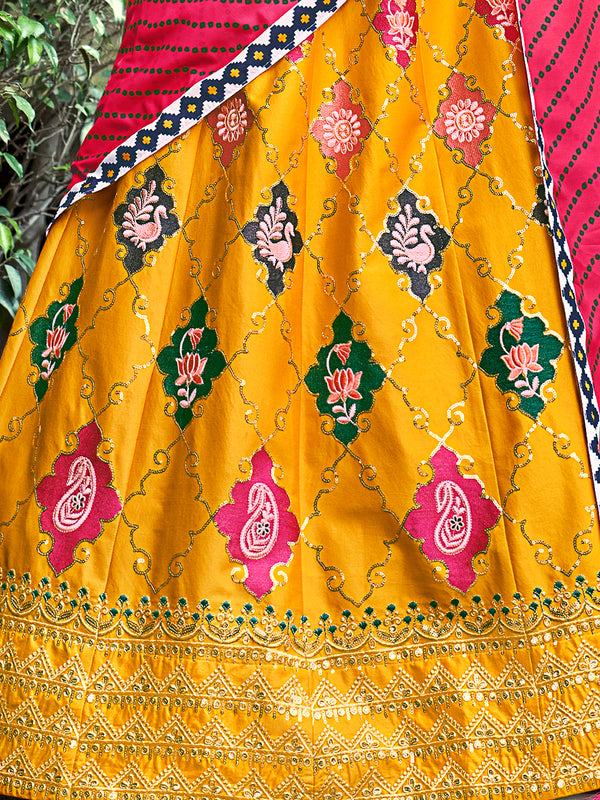 Elegant Yellow Silk Semi-Stitched Lehenga with Embroidered & Printed Work