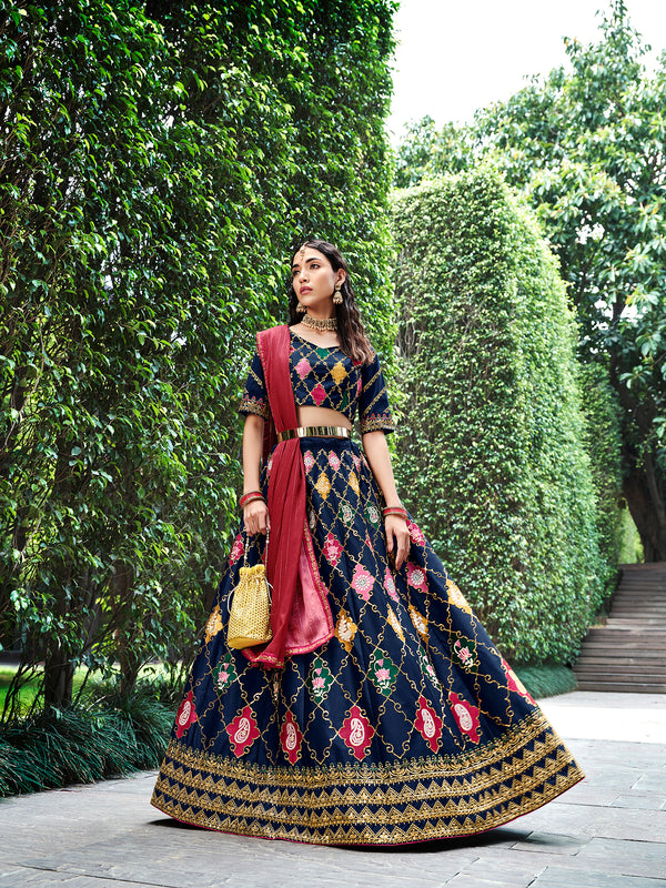 Navy Blue Silk Semi-Stitched Lehenga with Embroidered Work