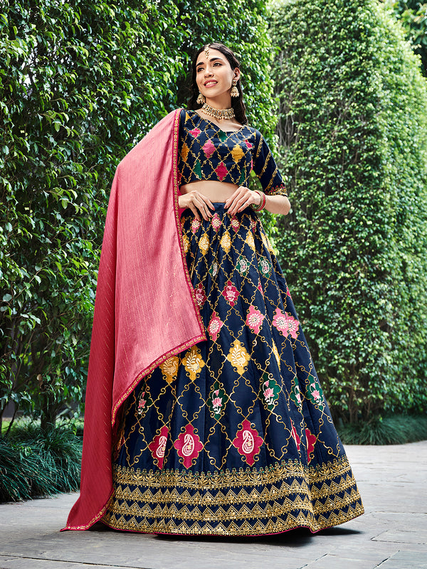 Navy Blue Silk Semi-Stitched Lehenga with Embroidered Work