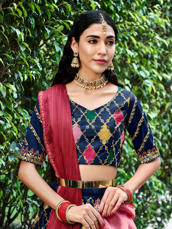 Navy Blue Silk Semi-Stitched Lehenga with Embroidered Work