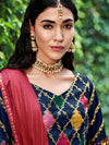 Navy Blue Silk Semi-Stitched Lehenga with Embroidered Work