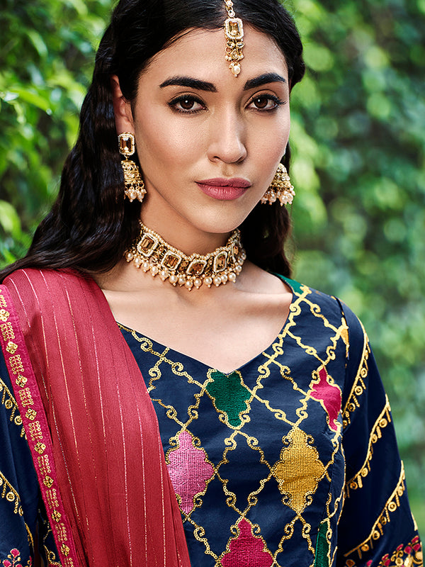 Navy Blue Silk Semi-Stitched Lehenga with Embroidered Work