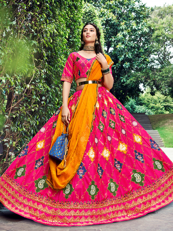 Rani Pink Silk Semi-Stitched Lehenga with Embroidered Work