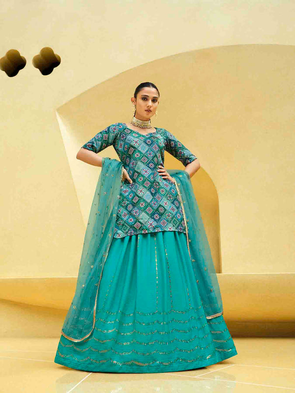 Turquoise Blue Chinon Silk Lehenga with Sequence Embroidered Work