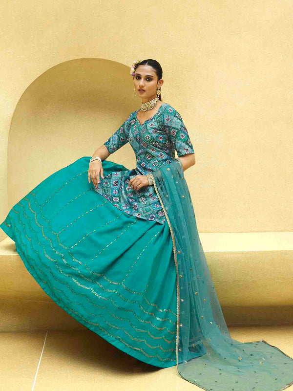 Turquoise Blue Chinon Silk Lehenga with Sequence Embroidered Work