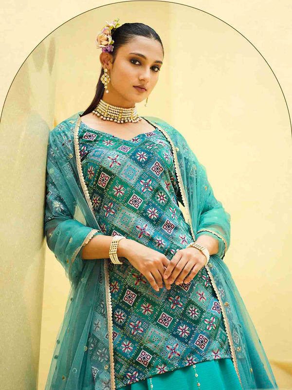 Turquoise Blue Chinon Silk Lehenga with Sequence Embroidered Work