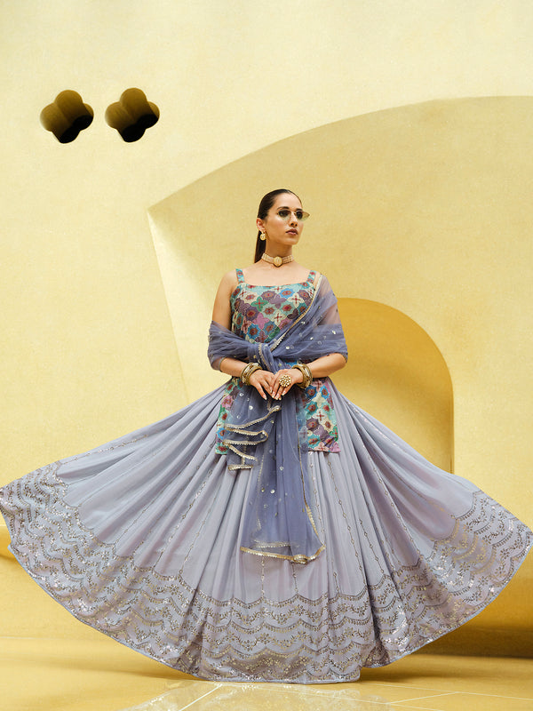 Lavender Chinon Silk Lehenga with Sequence Embroidered Work