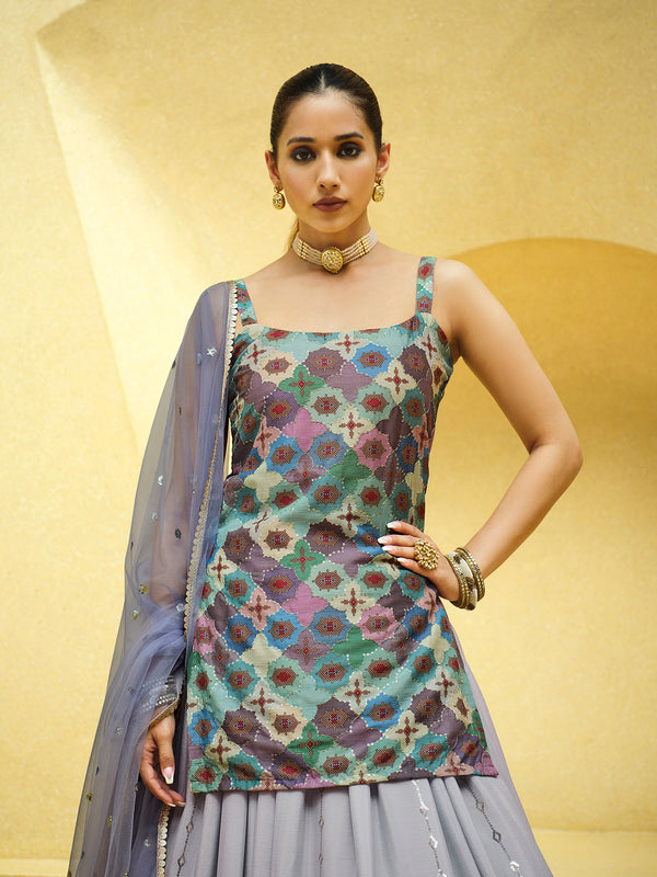 Lavender Chinon Silk Lehenga with Sequence Embroidered Work