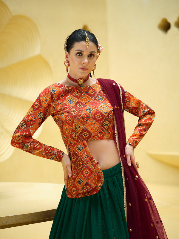 Rama Green Chinon Silk Lehenga with Sequence Embroidered Work
