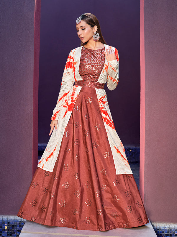 Rust Orange Art Silk Lehenga with Sibburi Print & Embroidery