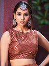 Rust Orange Art Silk Lehenga with Sibburi Print & Embroidery