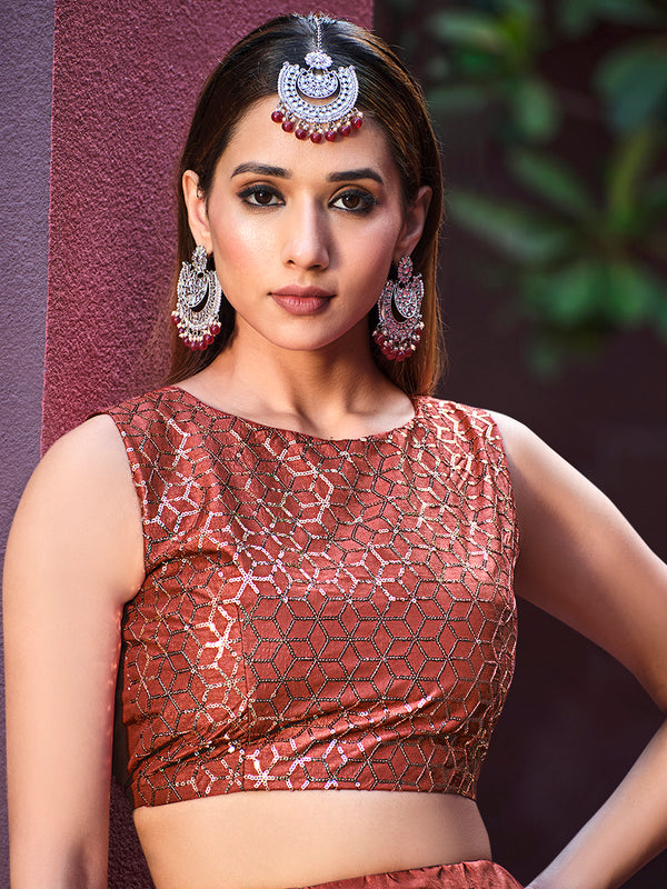 Rust Orange Art Silk Lehenga with Sibburi Print & Embroidery