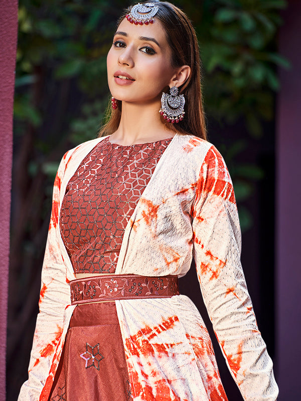 Rust Orange Art Silk Lehenga with Sibburi Print & Embroidery