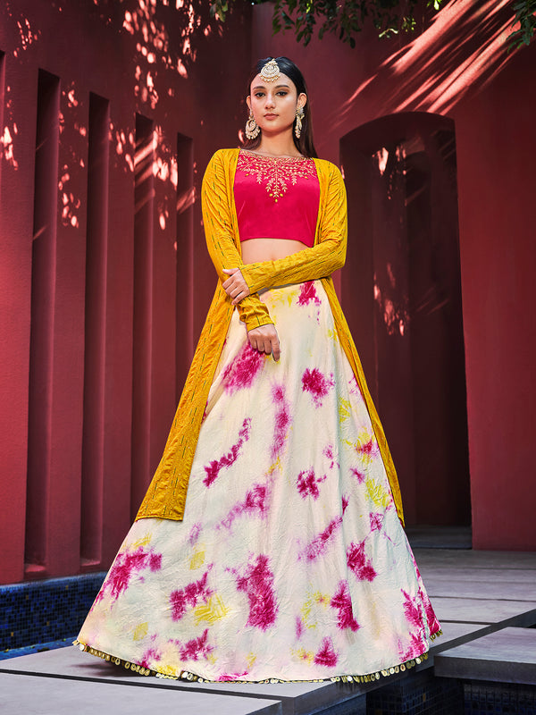 Pink Cotton Silk Lehenga with Shibori Print & Embroidered Jacket