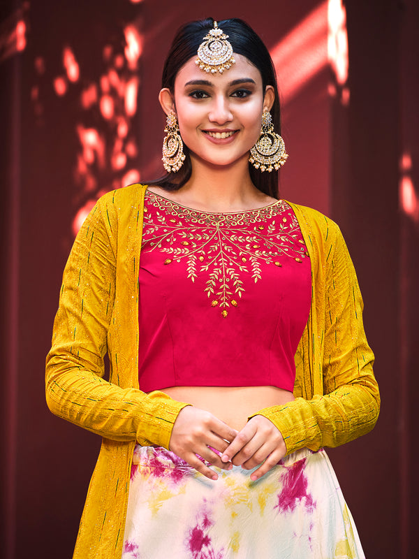 Pink Cotton Silk Lehenga with Shibori Print & Embroidered Jacket