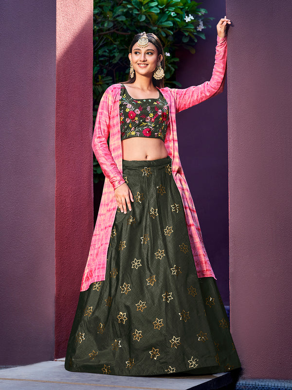 Olive Green Art Silk Lehenga with Embroidered Jacket & Sibburi Print
