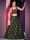 Olive Green Art Silk Lehenga with Embroidered Jacket & Sibburi Print