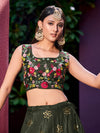 Olive Green Art Silk Lehenga with Embroidered Jacket & Sibburi Print