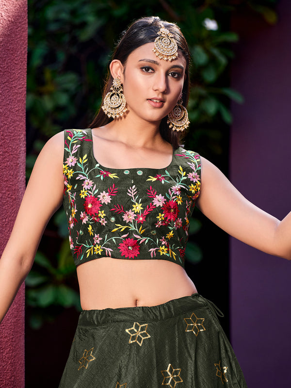 Olive Green Art Silk Lehenga with Embroidered Jacket & Sibburi Print