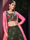 Olive Green Art Silk Lehenga with Embroidered Jacket & Sibburi Print