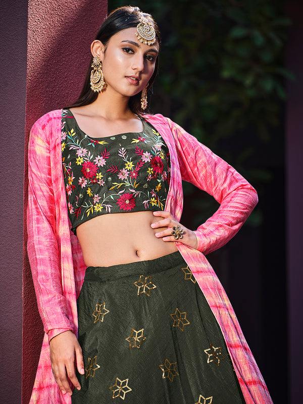 Olive Green Art Silk Lehenga with Embroidered Jacket & Sibburi Print