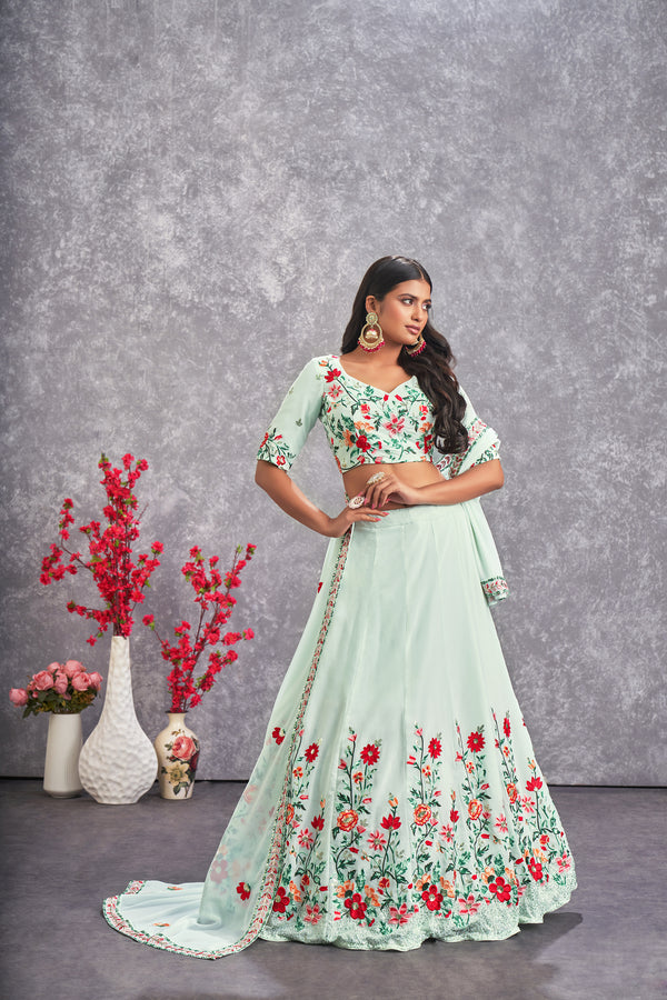 Sea Green Georgette Lehenga with Art Silk Blouse & Embroidered Work