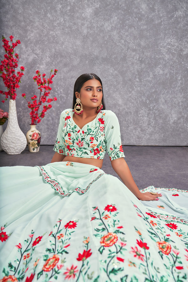 Sea Green Georgette Lehenga with Art Silk Blouse & Embroidered Work