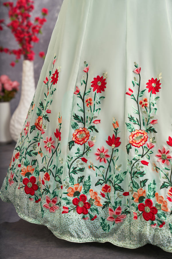 Sea Green Georgette Lehenga with Art Silk Blouse & Embroidered Work