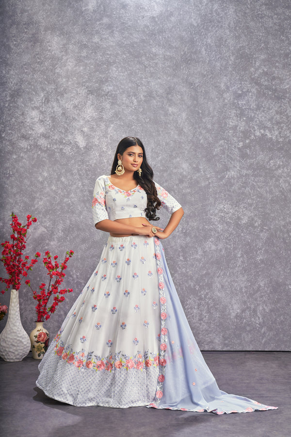 Pearl White Georgette Lehenga with Thread & Sequence Embroidery Work