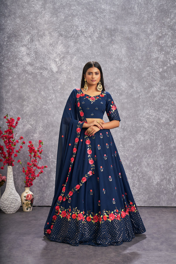 Teal Blue Georgette Lehenga with Thread & Sequence Embroidery