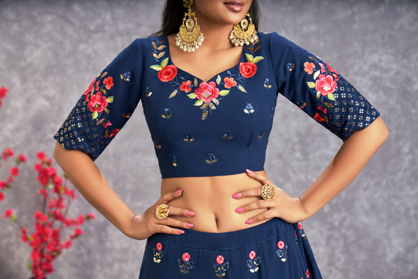 Teal Blue Georgette Lehenga with Thread & Sequence Embroidery