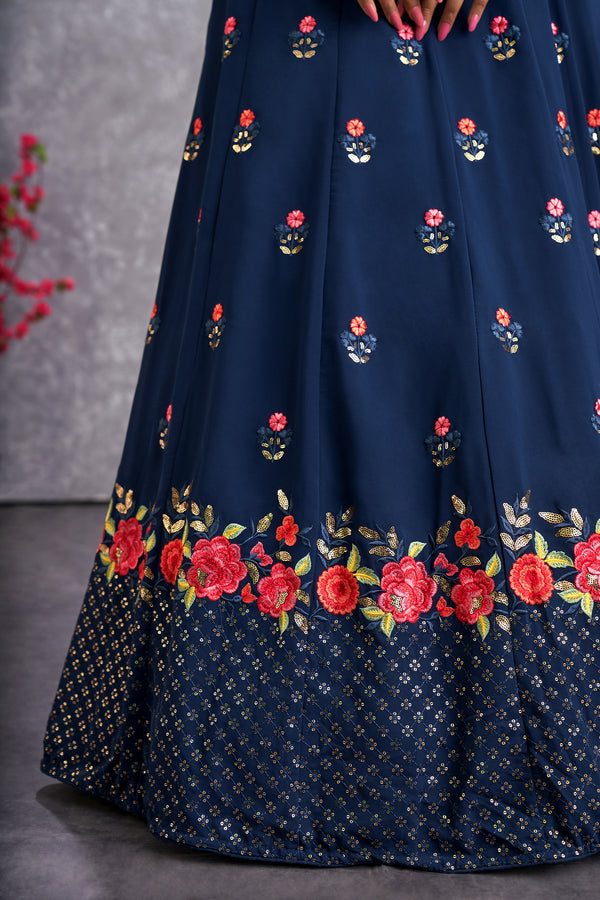 Teal Blue Georgette Lehenga with Thread & Sequence Embroidery