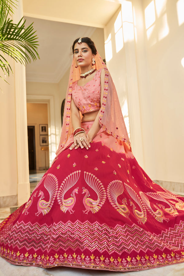 Peach Art Silk Lehenga with Thread, Sequence & Mirror Work