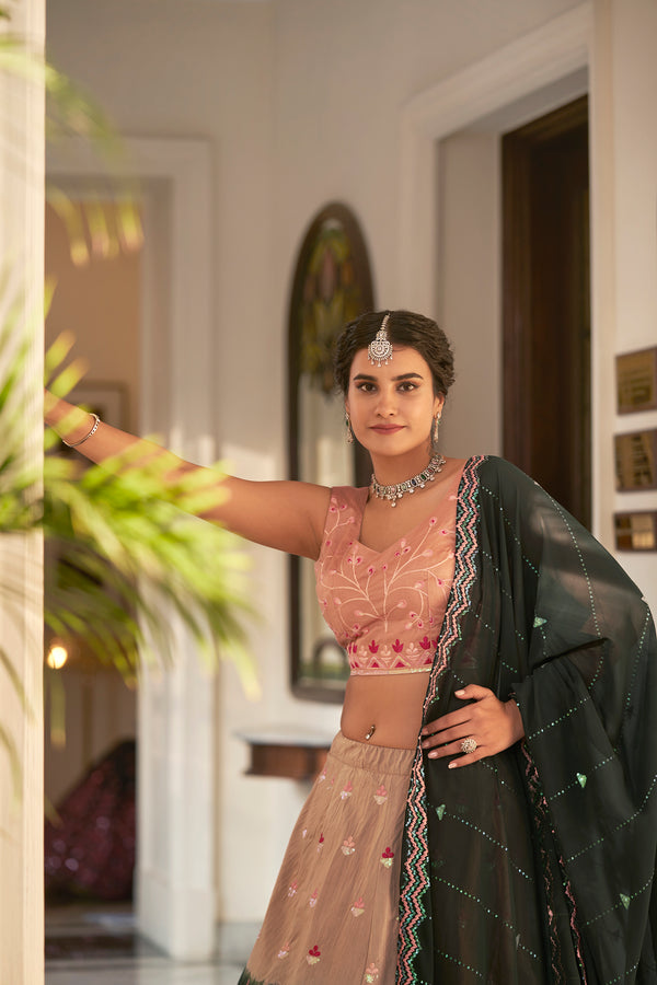 Rust Orange Art Silk Lehenga with Thread, Sequence & Mirror Work