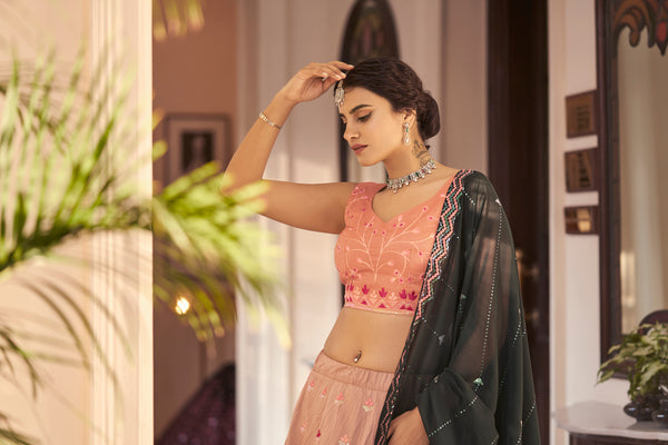 Rust Orange Art Silk Lehenga with Thread, Sequence & Mirror Work