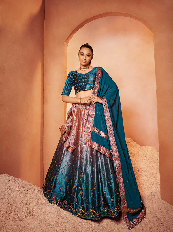 Teal Blue Velvet Lehenga with Sequence & Mirror Embroidery