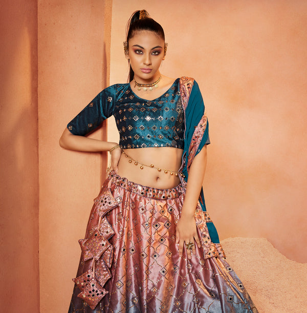 Teal Blue Velvet Lehenga with Sequence & Mirror Embroidery