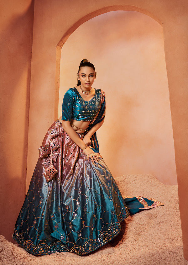 Teal Blue Velvet Lehenga with Sequence & Mirror Embroidery