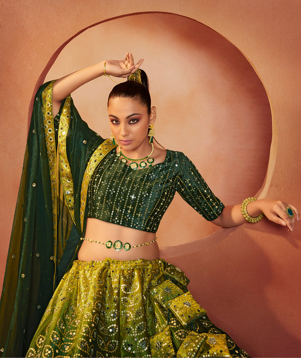 Green Velvet Lehenga with Sequence & Mirror Embroidery