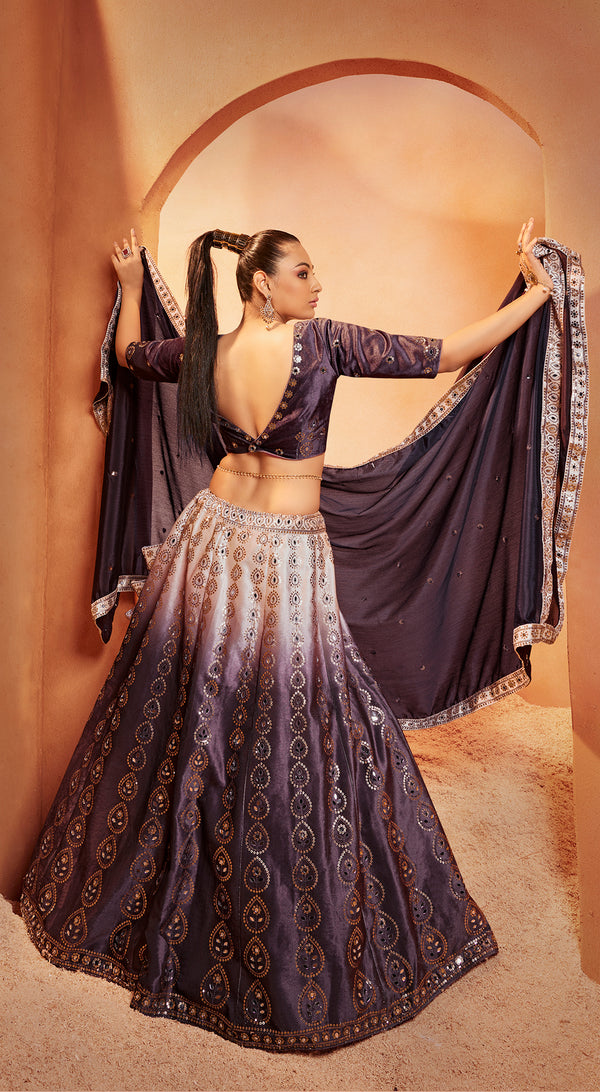 Purple Velvet Lehenga with Sequence & Mirror Embroidery