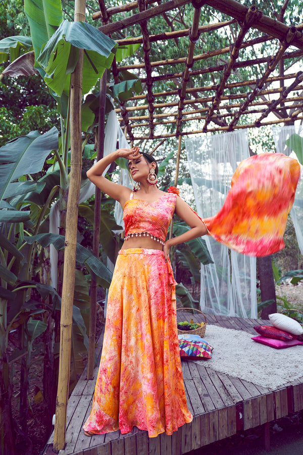 Orange Silk Stitched Lehenga with Printed Work & Fancy Shoulder Dupatta