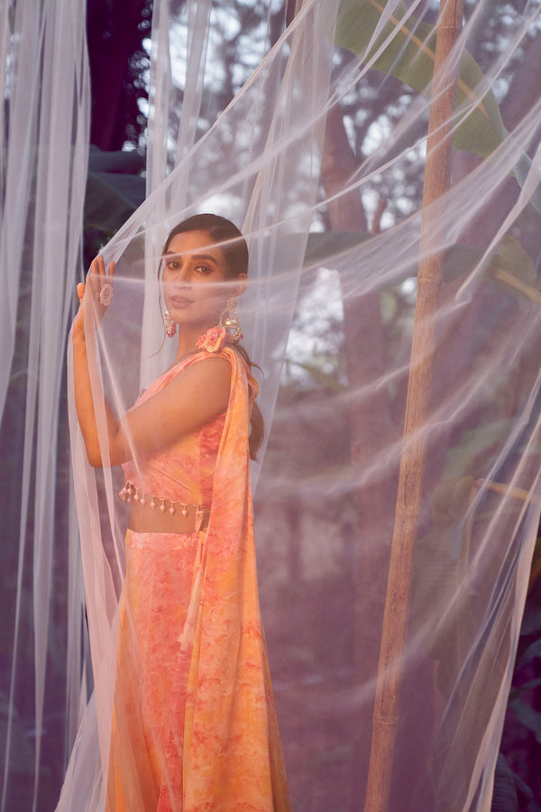 Orange Silk Stitched Lehenga with Printed Work & Fancy Shoulder Dupatta