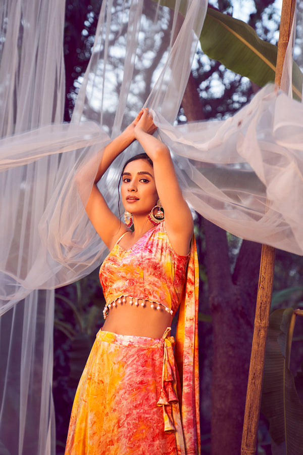 Orange Silk Stitched Lehenga with Printed Work & Fancy Shoulder Dupatta