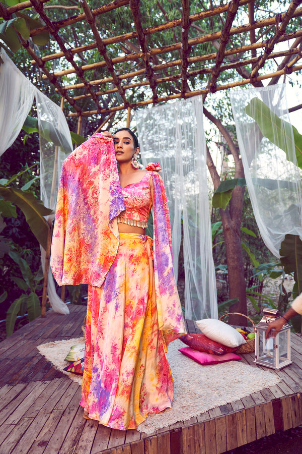 Purple Pink Silk Stitched Lehenga with Printed Work & Fancy Shoulder Dupatta