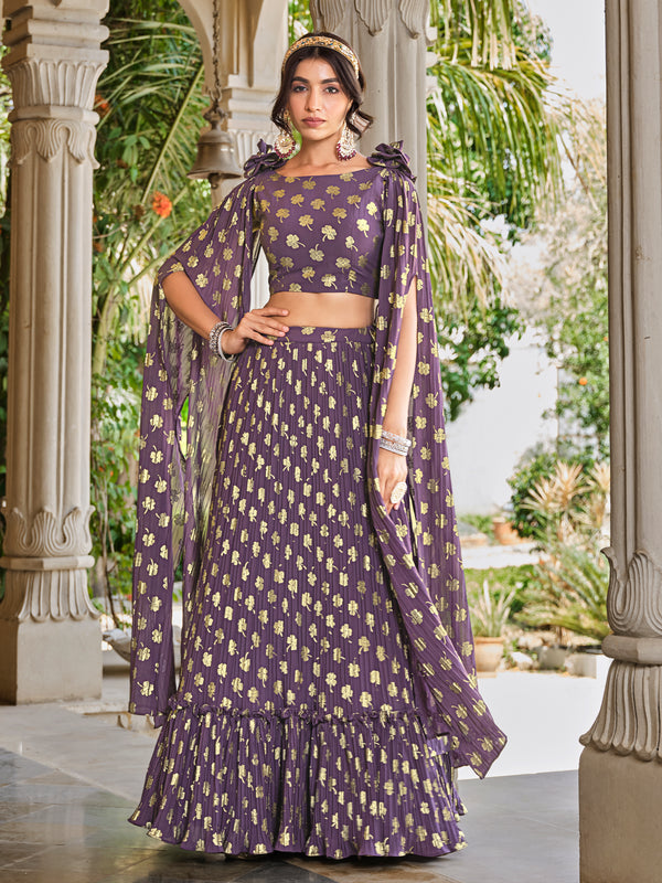 Light Purple Georgette Stitched Lehenga with Metallic Foil Work & Fancy Dupatta